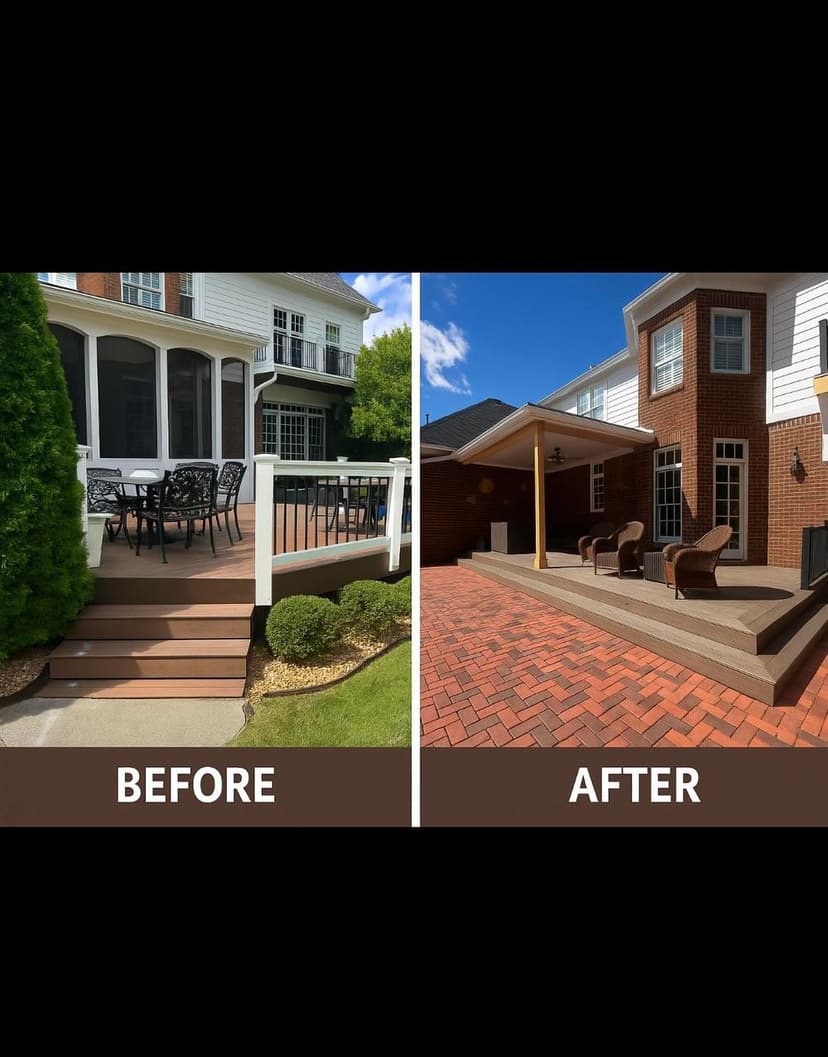 Before and after patio renovation showcasing transformation with new materials and design.