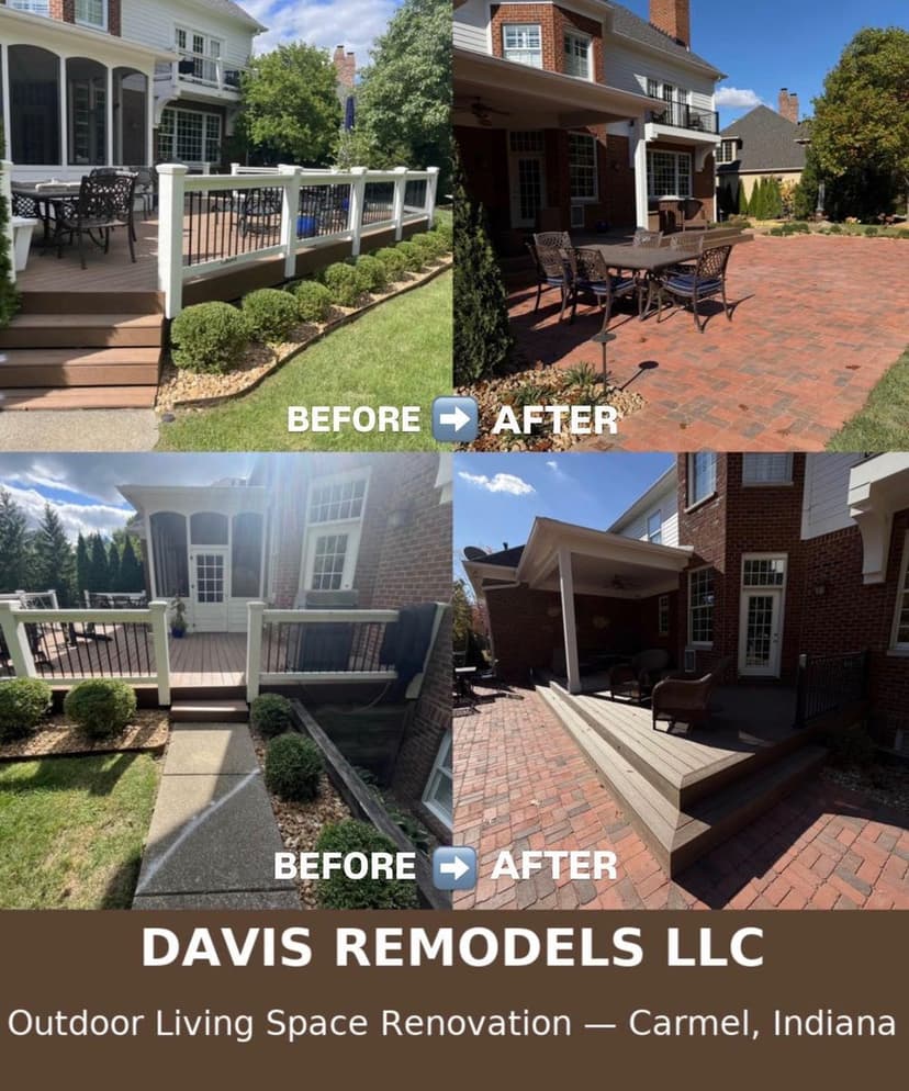 Outdoor living space renovation by Davis Remodels LLC in Carmel, Indiana, before and after transformation.